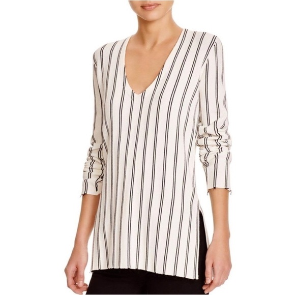Theory haydren prosecco double stripe white black V neck sweater top Women’s M - Picture 1 of 9